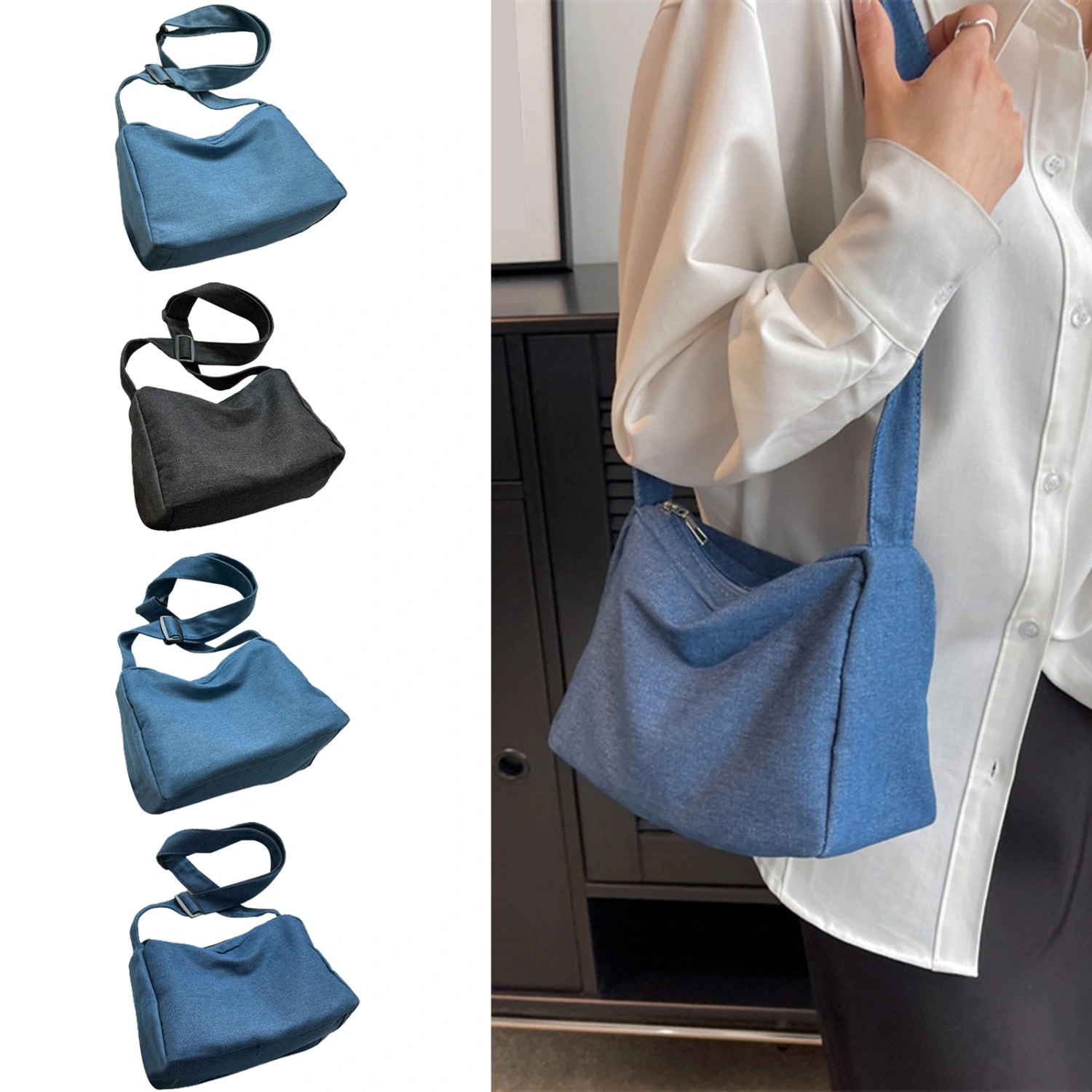 Women Single Shoulder Bag Casual Large Capacity Solid Color Canvas Adjustable Strap Portable Ladies Teen Girls Crossbody Bag Daily Use