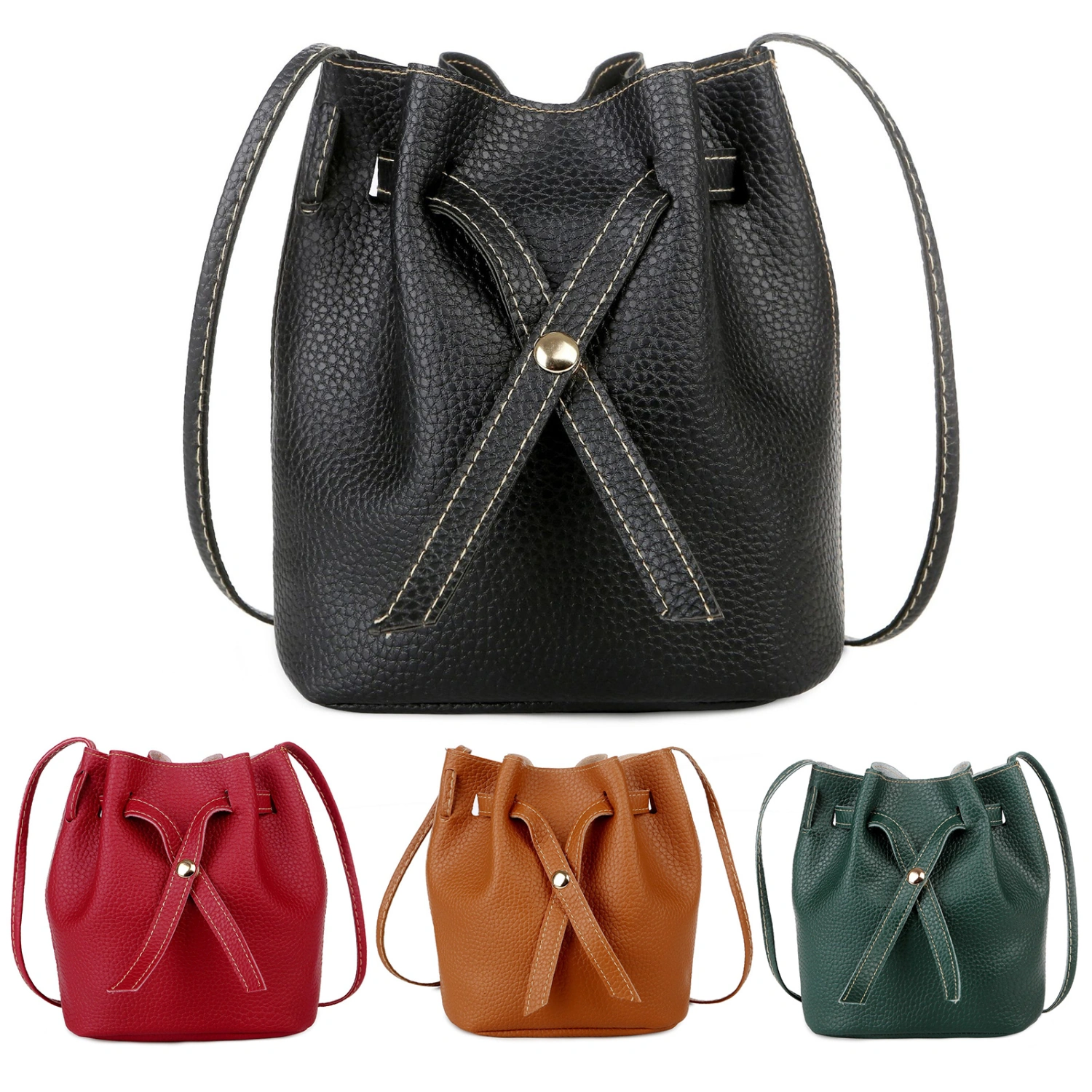 Shoulder Bag Drawstring Buckle High Capacity Lychee Pattern Women Bucket Purses Hand Bag Fashion Accessories