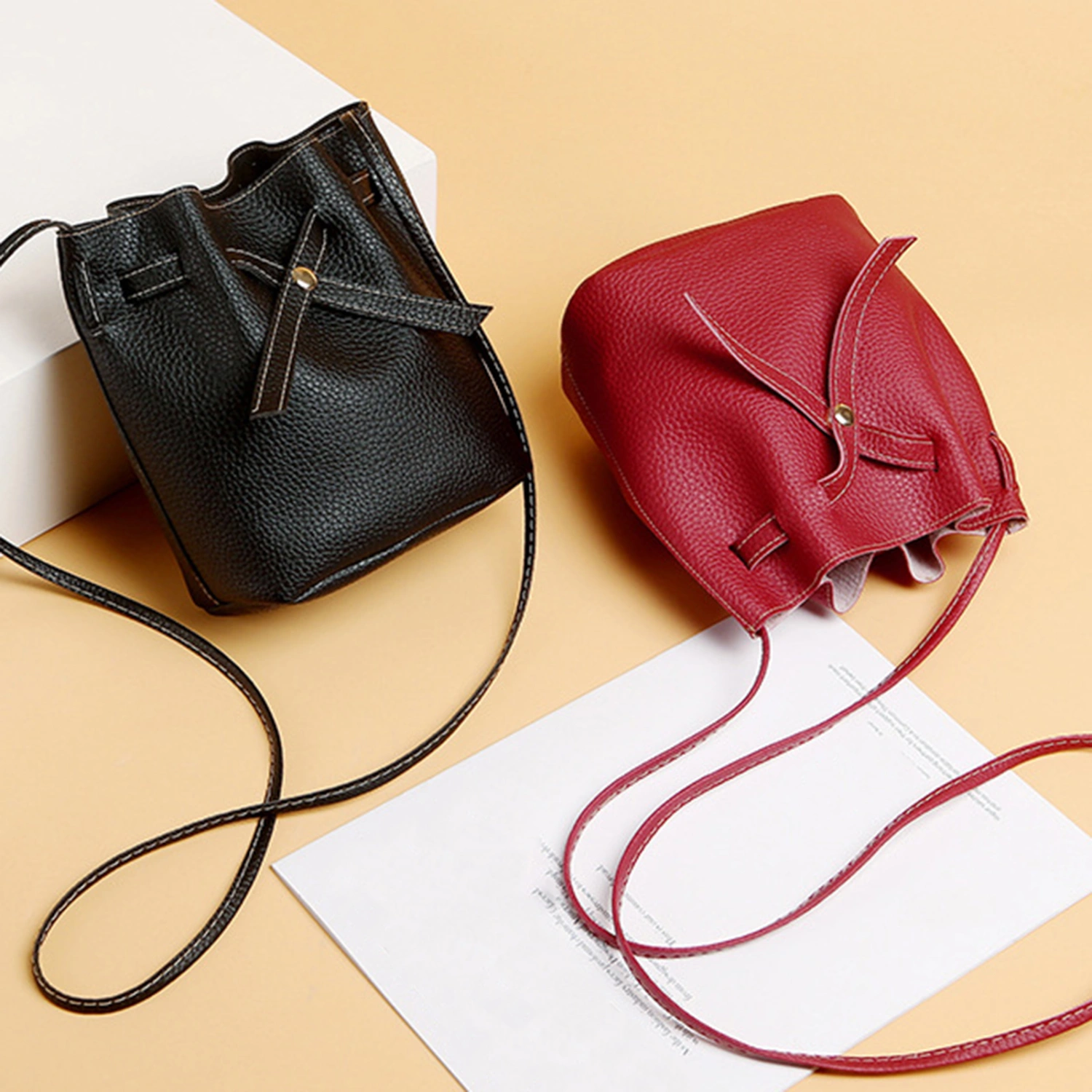 Shoulder Bag Drawstring Buckle High Capacity Lychee Pattern Women Bucket Purses Hand Bag Fashion Accessories