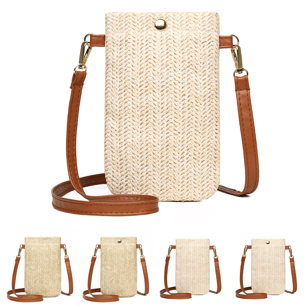 Long Shoulder Straps Beach Bag Button Closure Vertical Design Solid Color Beach Rattan Straw Shoulder Bag Fashion Accessories