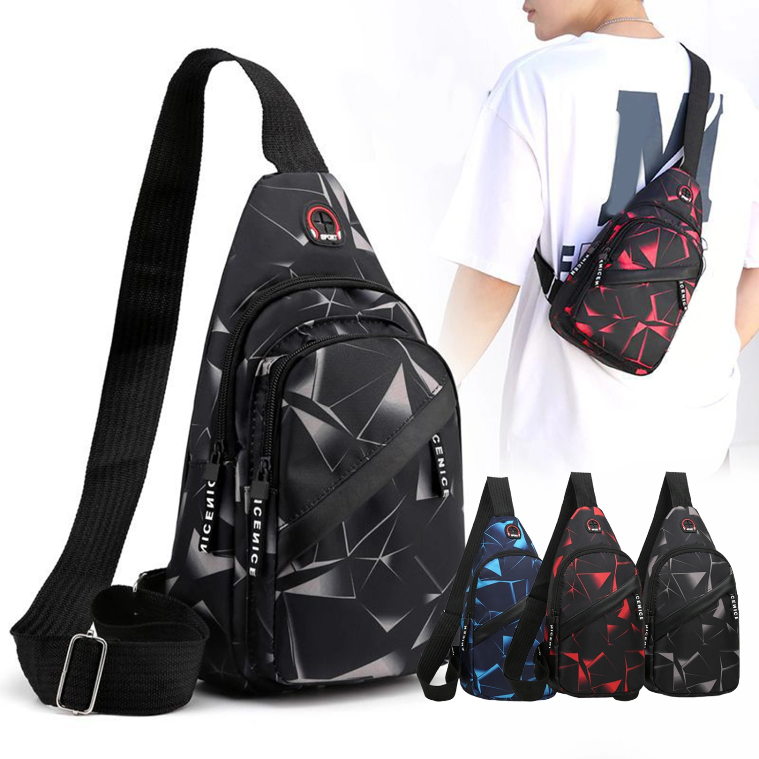 Men Crossbody Bag Geometric Print Portable Adjustable Strap Casual Oxford Cloth Sports Single Shoulder Sling Phone Pouch Outdoor Use