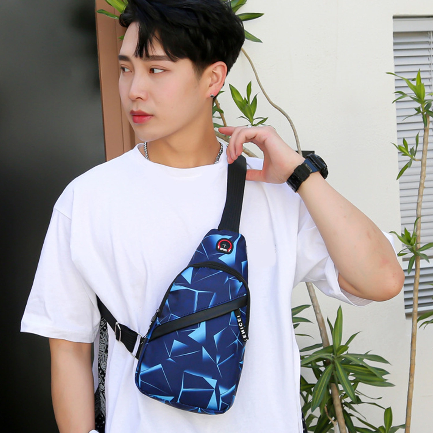Men Crossbody Bag Geometric Print Portable Adjustable Strap Casual Oxford Cloth Sports Single Shoulder Sling Phone Pouch Outdoor Use
