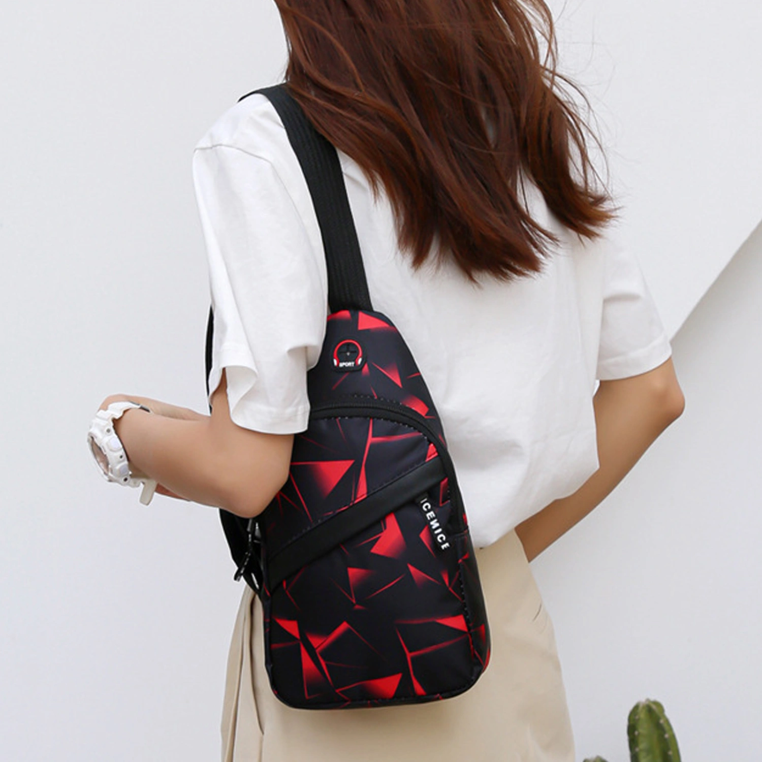 Men Crossbody Bag Geometric Print Portable Adjustable Strap Casual Oxford Cloth Sports Single Shoulder Sling Phone Pouch Outdoor Use