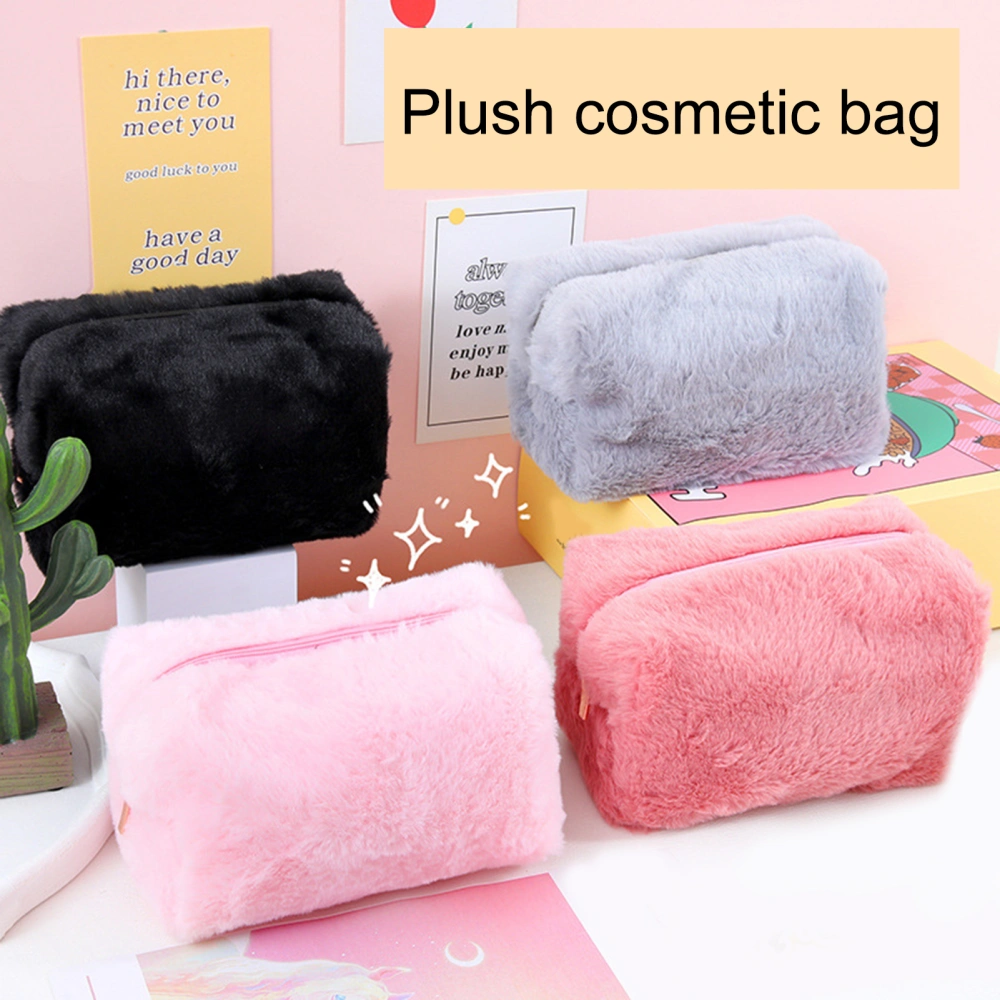 Cosmetic Bag Large Capacity Portable Soft Fuzzy Plush Solid Color Travel Toiletry Makeup Case Travelling Use