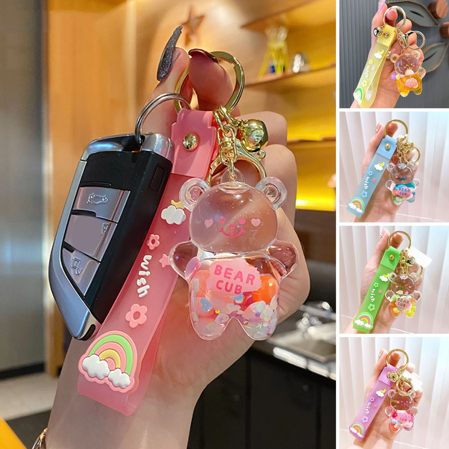 Mini Bear Keychain with Pendant Charm Acrylic Metal Bag Charm Wristlet Bracelet Key Ring for Women Girls