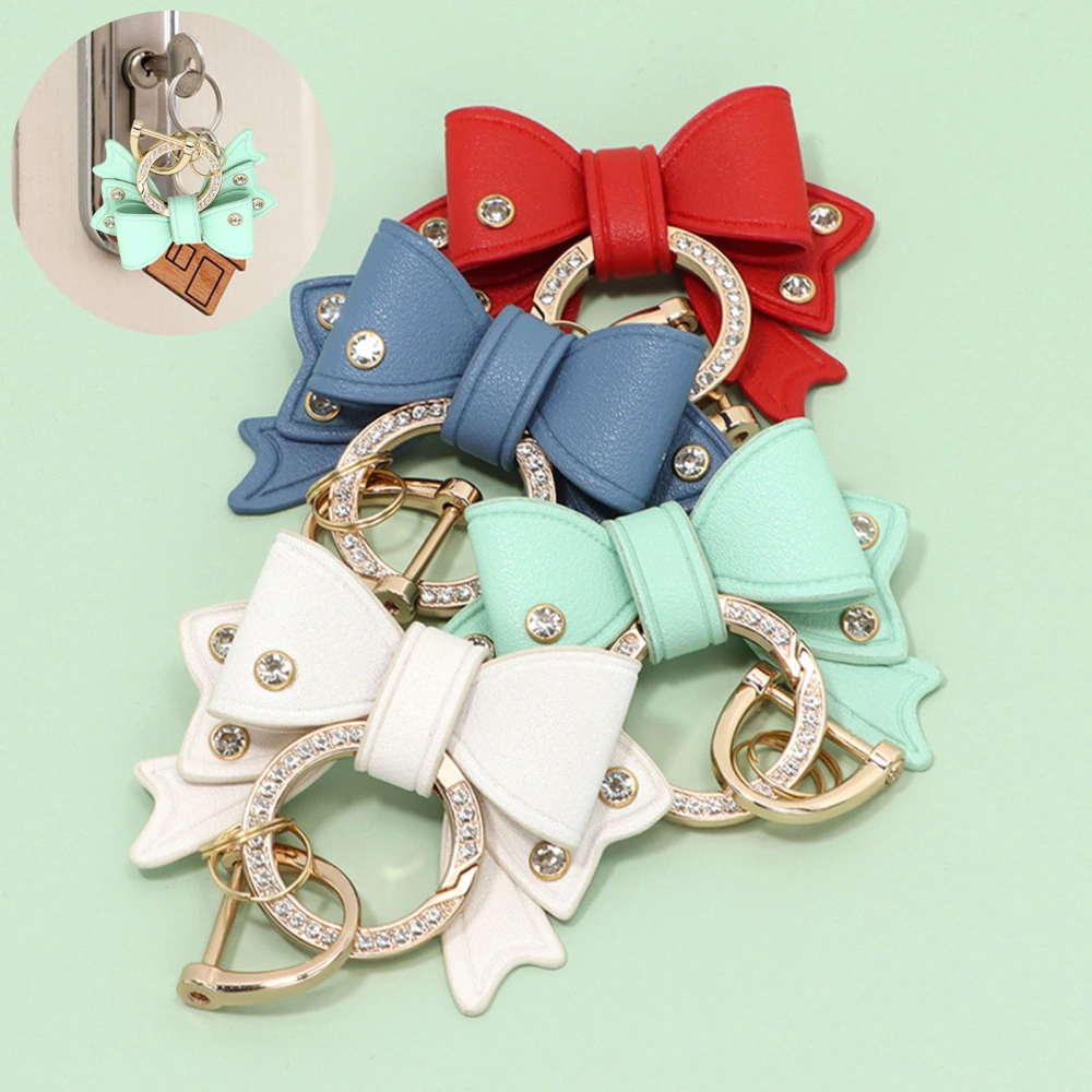 Bow Pendant Rhinestone Decor Faux Leather Stainless Schoolbag Shoulder Bag Decoration Pendant Women Gift Key Storage Keyring Keychain 