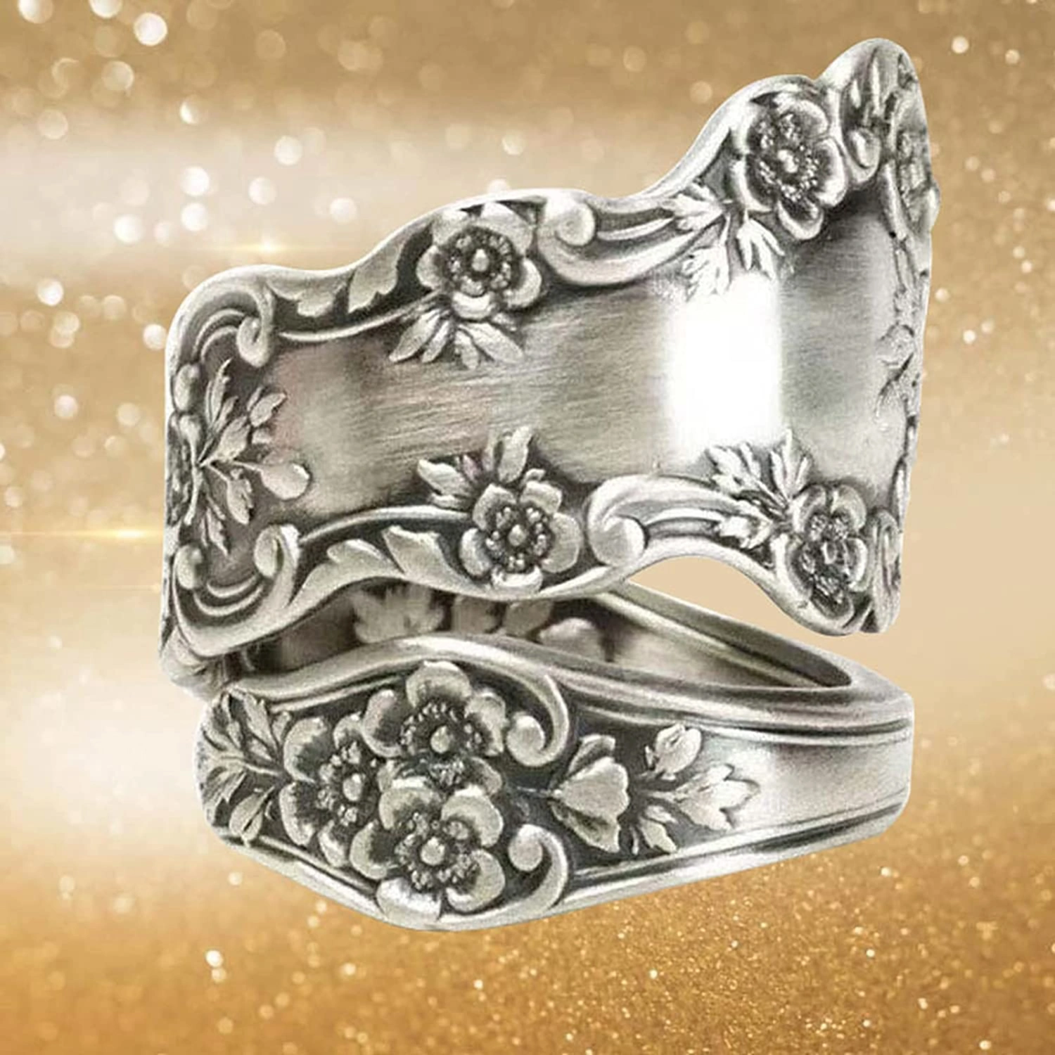 Party Ring Electroplating Polished Surface Geometric Flower Patterns Unfading Gift Giving Finger Band Adjustable Vintage Spoon Open Ring Jewelry Accessory