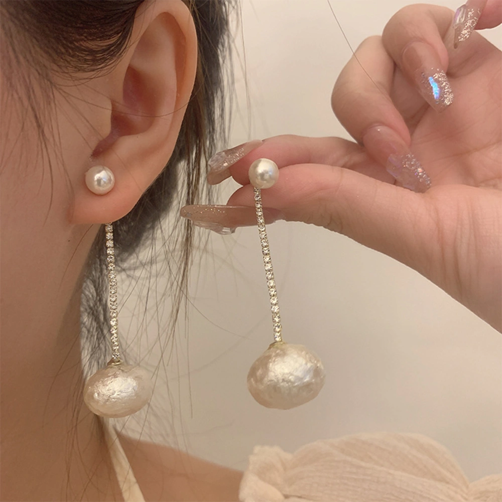 1 Pair Vintage Faux Pearl Stud Earrings Elegant Long Rhinestone Tassel Women Dangling Drop Earrings Fashion Jewelry Accessory Perfect Gift