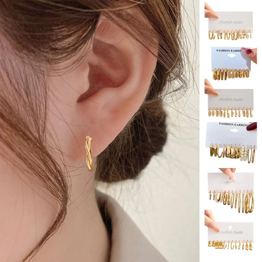 6 Pairs Women Hoop Earrings Geometric Square Retro Elegant Faux Pearl Twisting Golden Girls Earrings Fashion Jewelry Gift