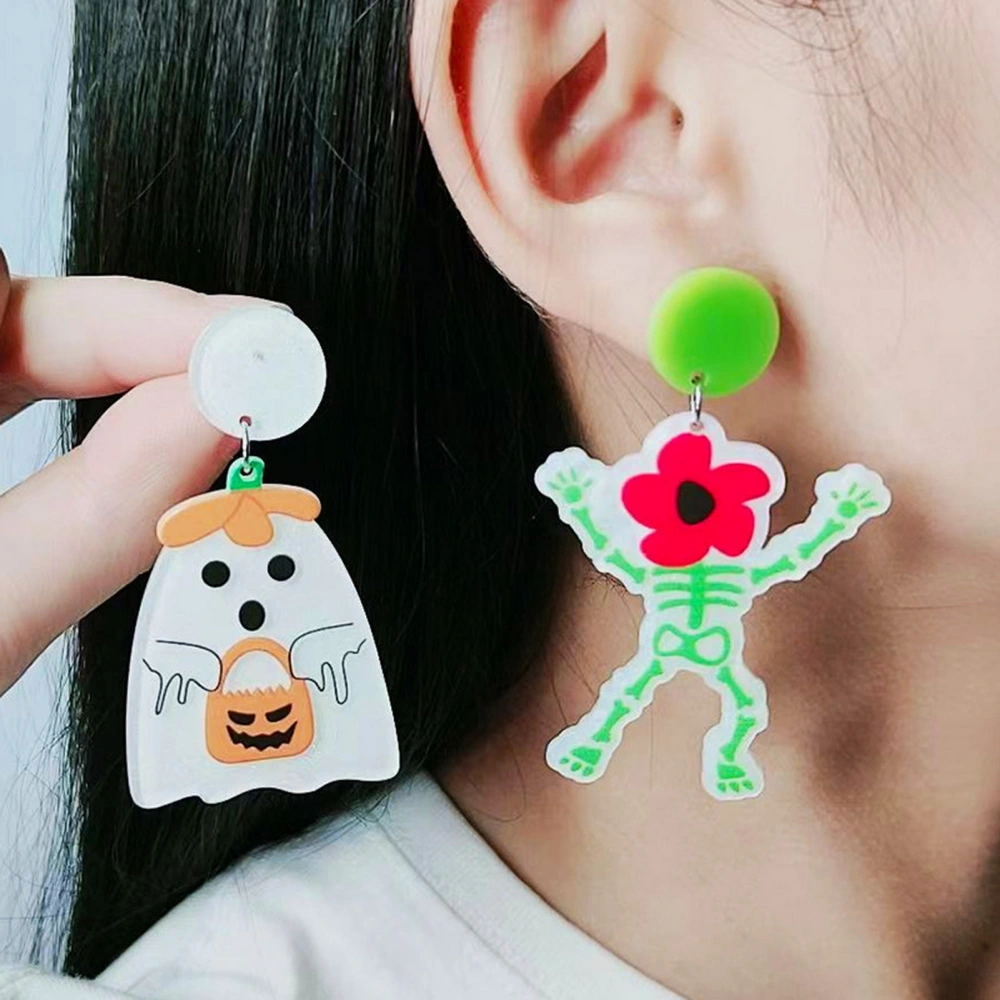 1 Pair Creative Pumpkin Flower Ghost Skull Dangle Earrings Vintage Acrylic Exaggerated Halloween Stud Drop Earrings Jewelry Accessories Gift