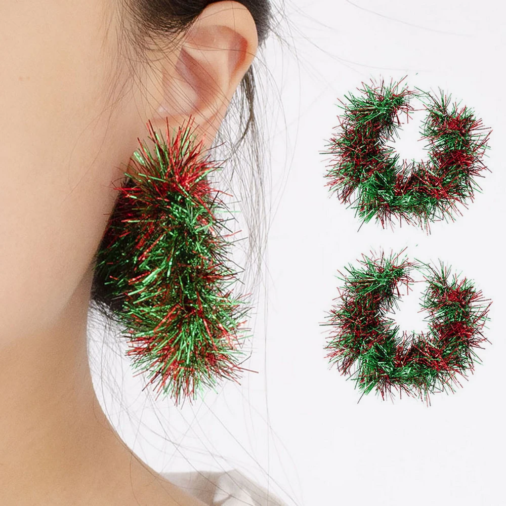 1 Pair Classic Red Green Tassel Christmas Earrings Creative Cartoon Christmas Tree Hoop Earrings Fashion Accessories