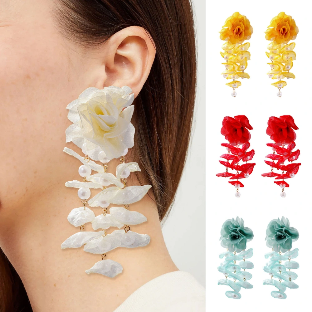 1 Pair Elegant Multi Layer Chiffon Lace Drop Earrings Long Layered Petal Sweet Girl Faux Pearls Dangle Earrings Jewelry Gift