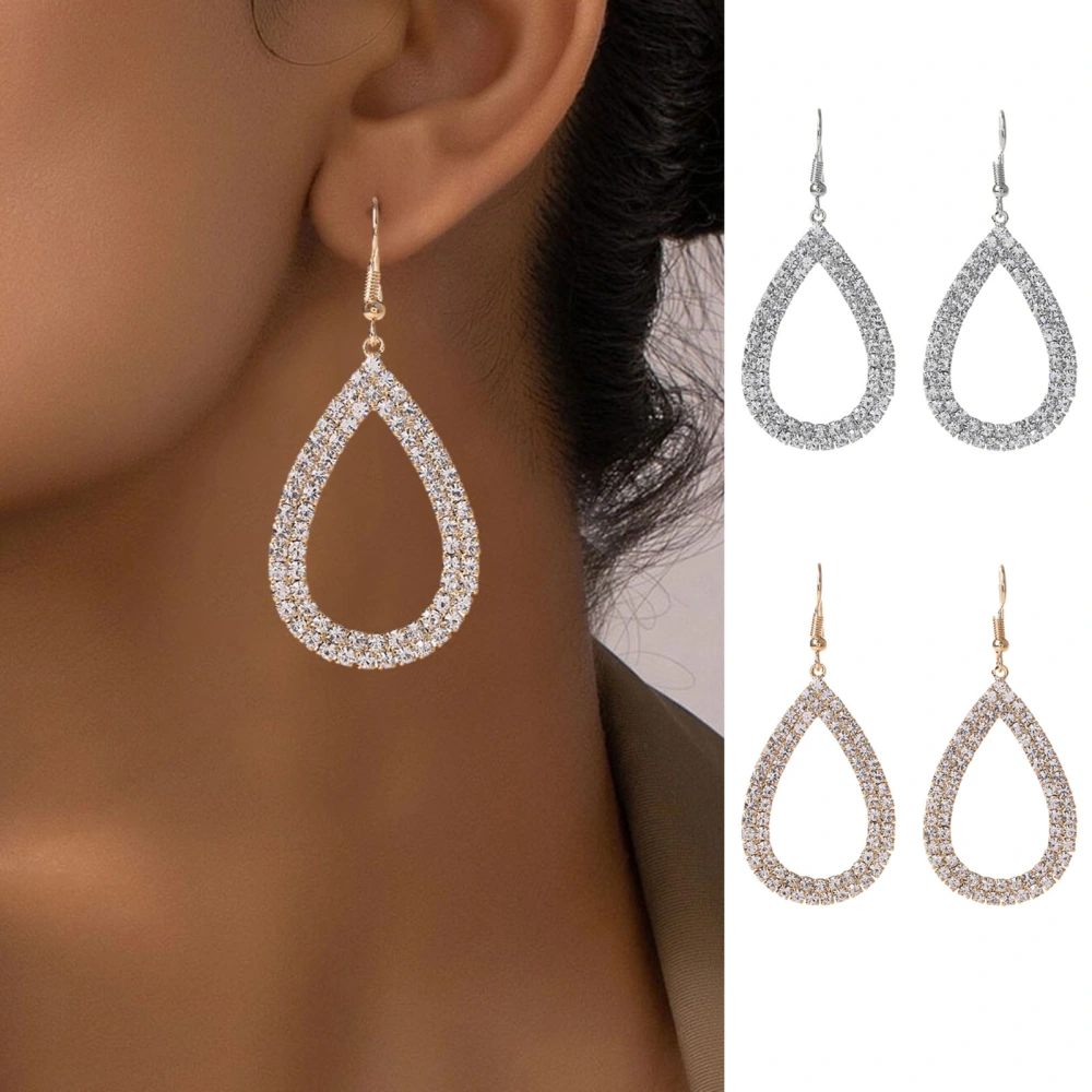 1 Pair Hollow Waterdrop Hook Earrings Double Row Rhinestone Luxury Elegant Hypoallergenic Women Girls Dangle Earrings Fashion Jewelry Accessories Gift 