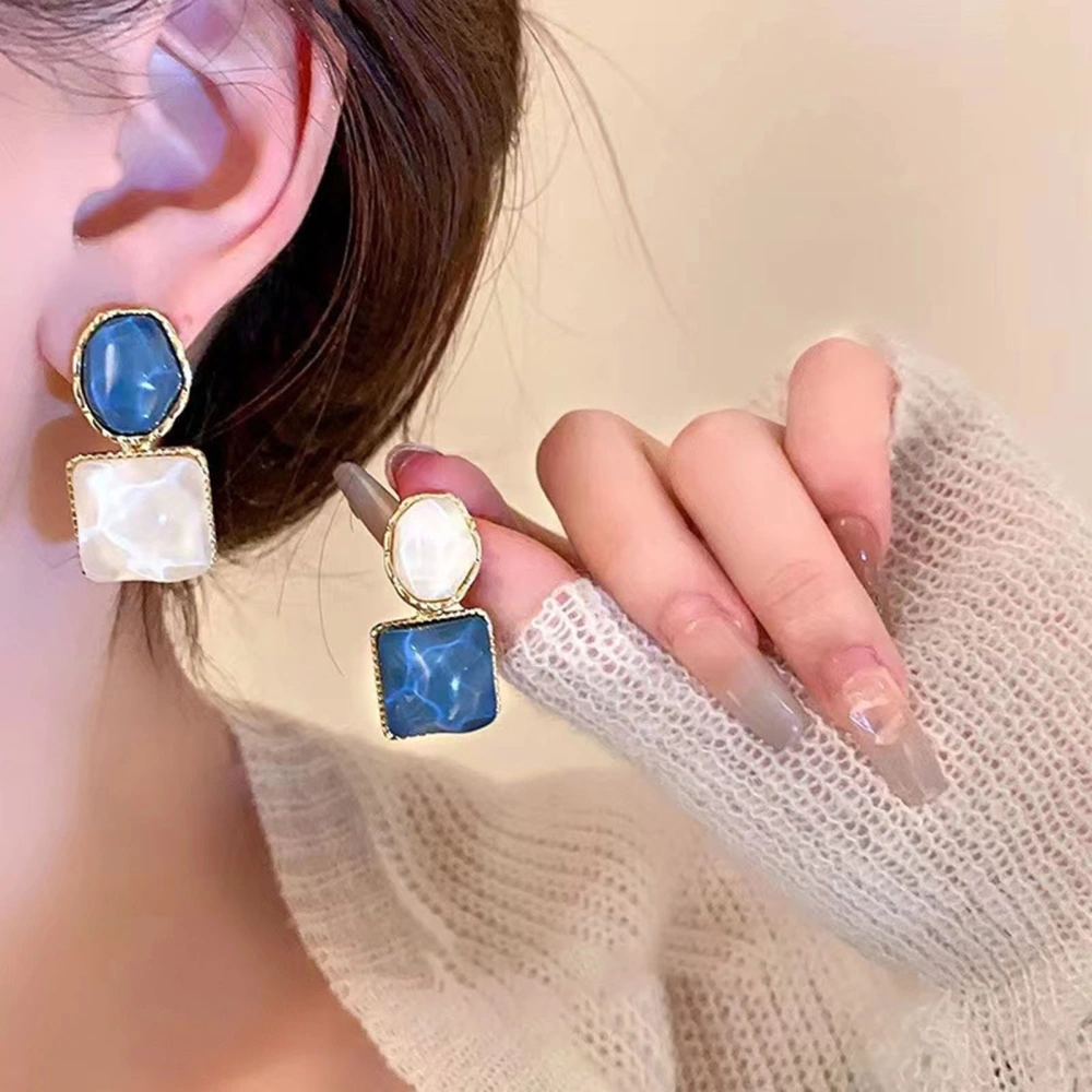 1 Pair Women Party Earrings Geometric Shape Smooth Surface Water Wave Stone Contrast Color Anti-allergy Stainless Exqusite Lady Hanging Earrings 