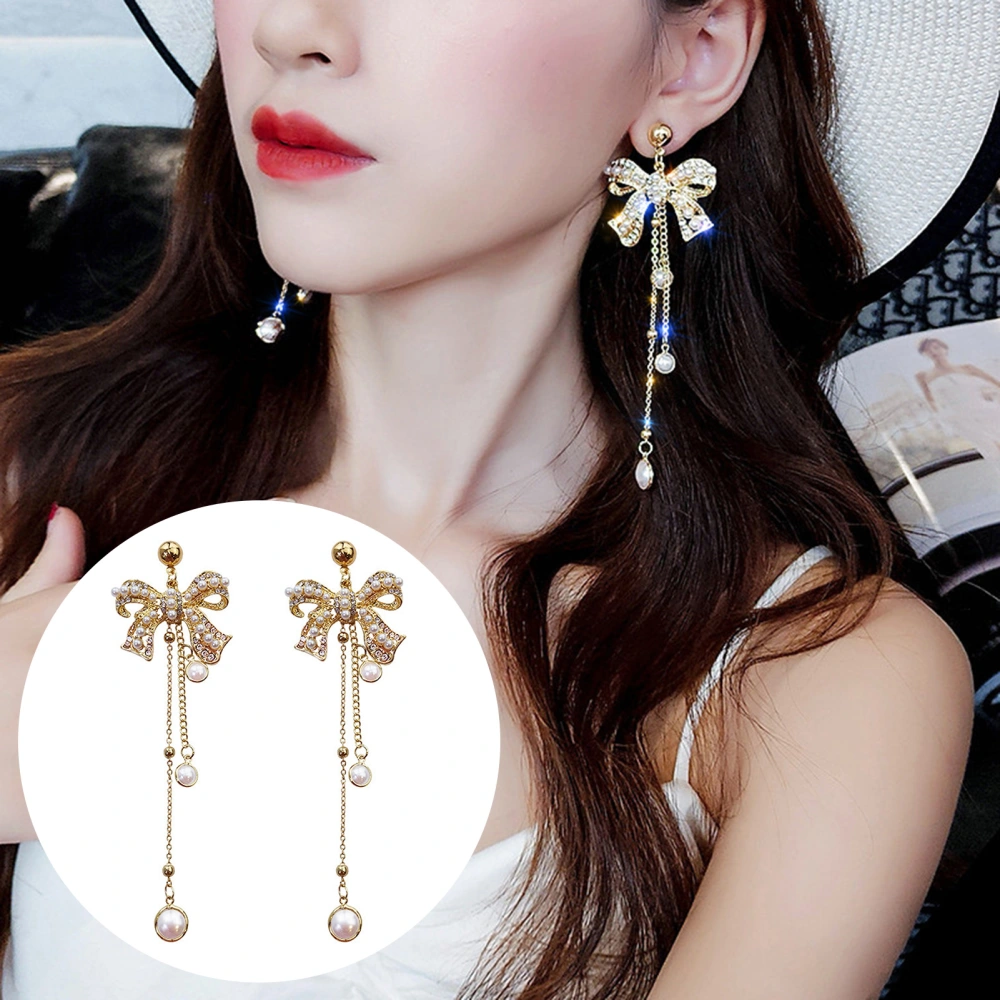 1 Pair Women Long Earrings Faux Pearl Bow Decor Chain Tessel Shiny Rhinestone Anti-allergy Lightweight Stainless Luxury Prom Party Hanging Earrings Dangle Earrings Ear Jewelry 