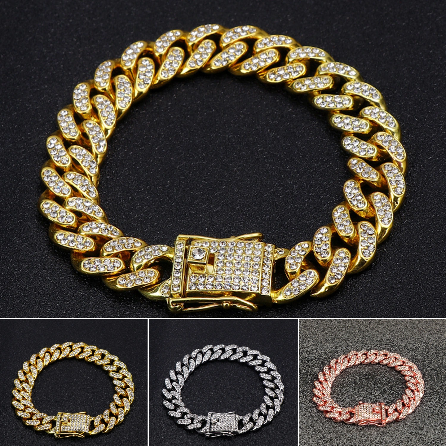 Cuff Bracelet Rhinestone Fine Workmanship Electroplating Shiny Long-lasting Decorate Non-fading Shiny Cuban Link Chain Bracelet Jewelry Accessory