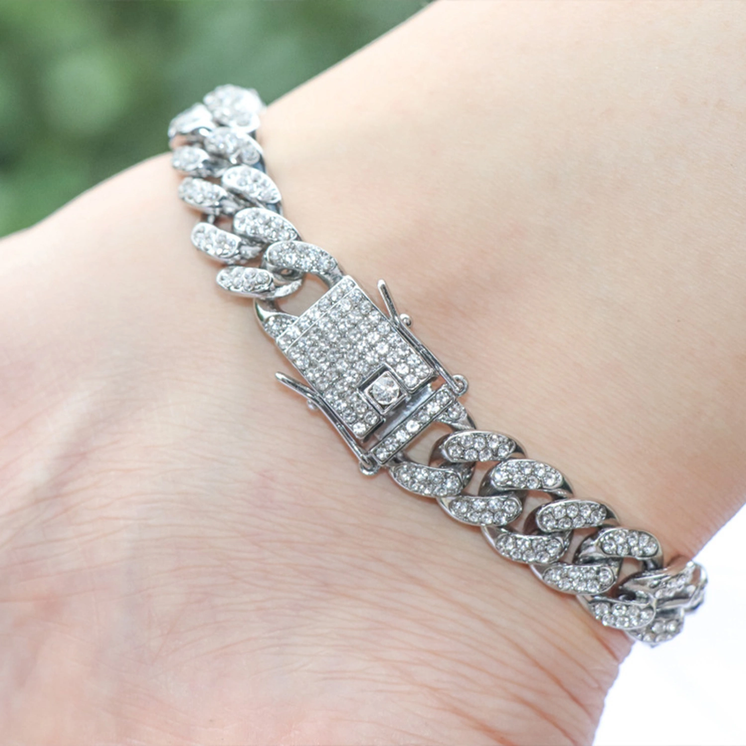 Cuff Bracelet Rhinestone Fine Workmanship Electroplating Shiny Long-lasting Decorate Non-fading Shiny Cuban Link Chain Bracelet Jewelry Accessory