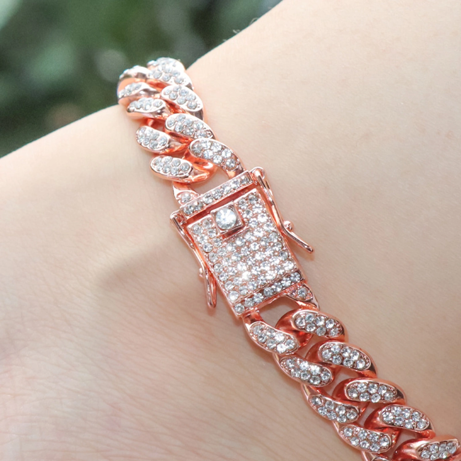 Cuff Bracelet Rhinestone Fine Workmanship Electroplating Shiny Long-lasting Decorate Non-fading Shiny Cuban Link Chain Bracelet Jewelry Accessory