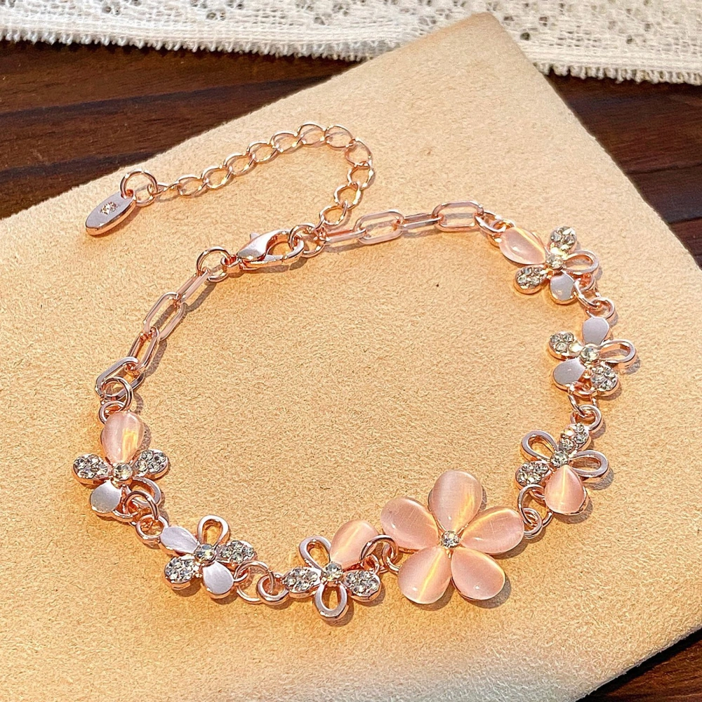 Women Elegant Hollow Shining Rhinestone Flower Decor Bracelet Adjustable Length Girl Wristband Birthday Gift