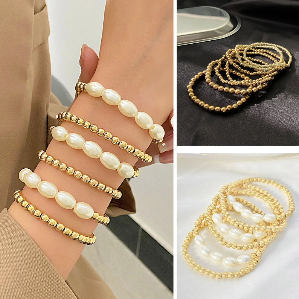 6Pcs/Set Women Faux Pearls Golden Alloy Beads Bracelets Simple Fashionable Stackable Stretchy Wristband Jewelry Gifts