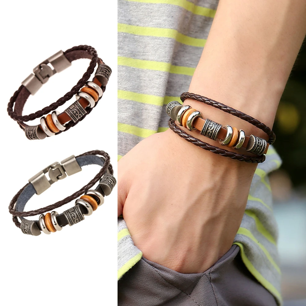 Men Bracelet Vintage Three Layers Braided Ethnic Stainless Alloy Hand-woven Exquisite Lightweight Faux Leather Decorative Wrist Strap 