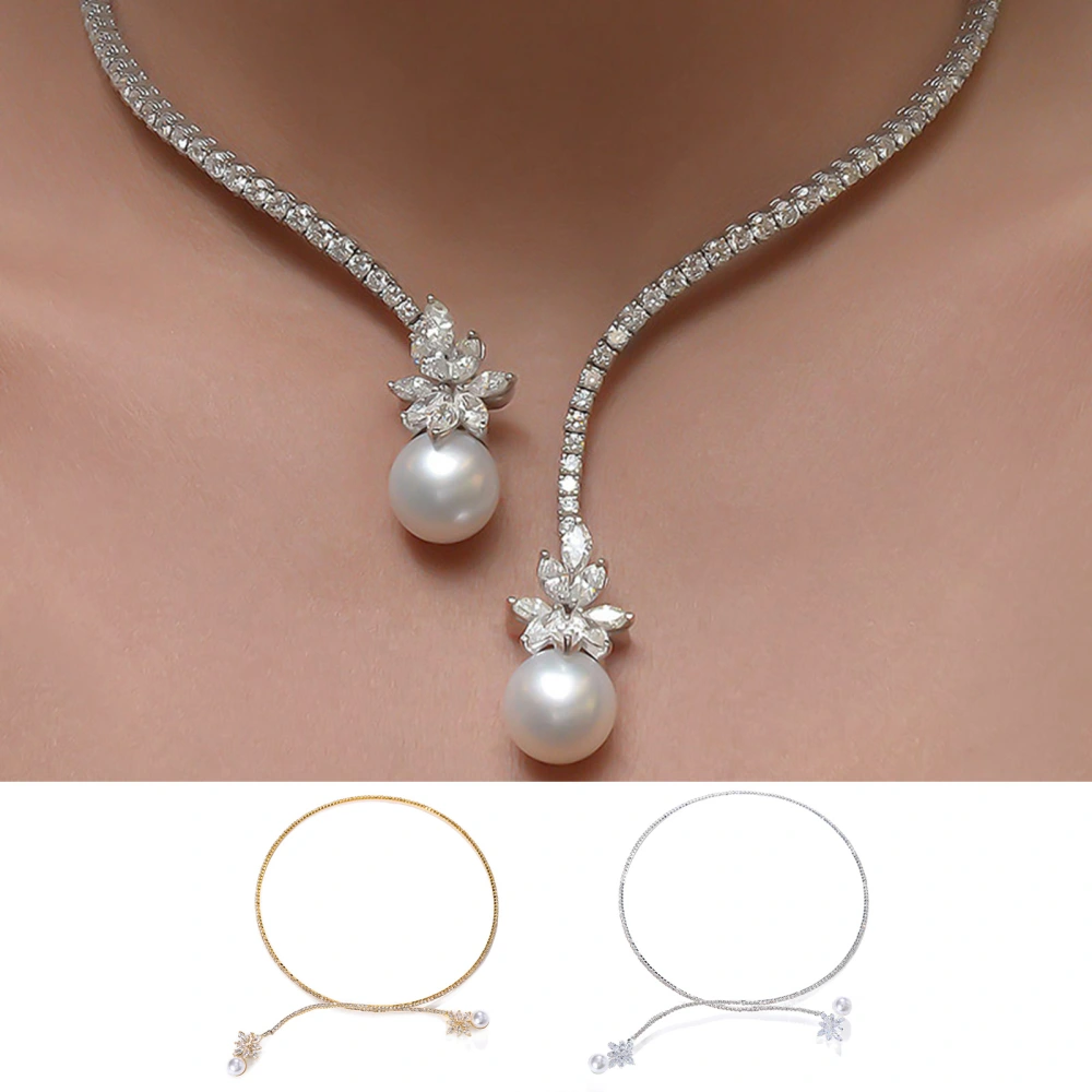 Retro Open Design Women Necklace Shining Rhinestones Inlaid Cubic Zirconia Flower Shape Faux Pearls End Opening Necklace