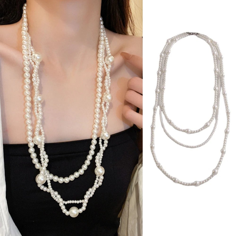 French Style Retro Faux Pearls Necklace Women Long White Three Layered Faux Pearls Luxury Sweater Necklace Jewelry Gift