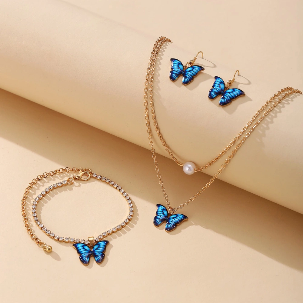 1 Set Dual Layers Butterflies Necklace Elegant Earrings Rhinestone Inlay Bracelet Jewelry Kit Fashion Accessories Gift