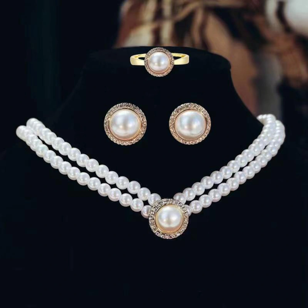 1 Set Bride Necklace French Style Vintage Temperament Double Layer Elegant Gift Hypoallergenic High Gloss Faux Pearl Earrings Ring Wedding Jewelry