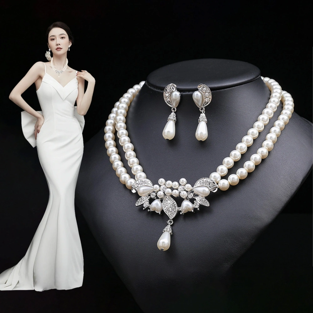 1 Set Bride Necklace Double Layer French Style Vintage Elegant Gift Hypoallergenic High Gloss Faux Pearl Women Earrings Wedding Jewelry