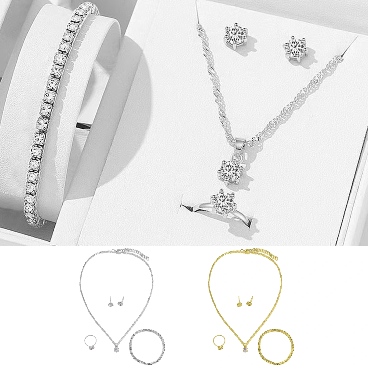 1 Set Women Jewelry Set Earrings Bracelet Necklace Ring Rhinestone Adjustable Ring Stainless Colorfast Lightweight Lady Birthday Gift Mother Present 