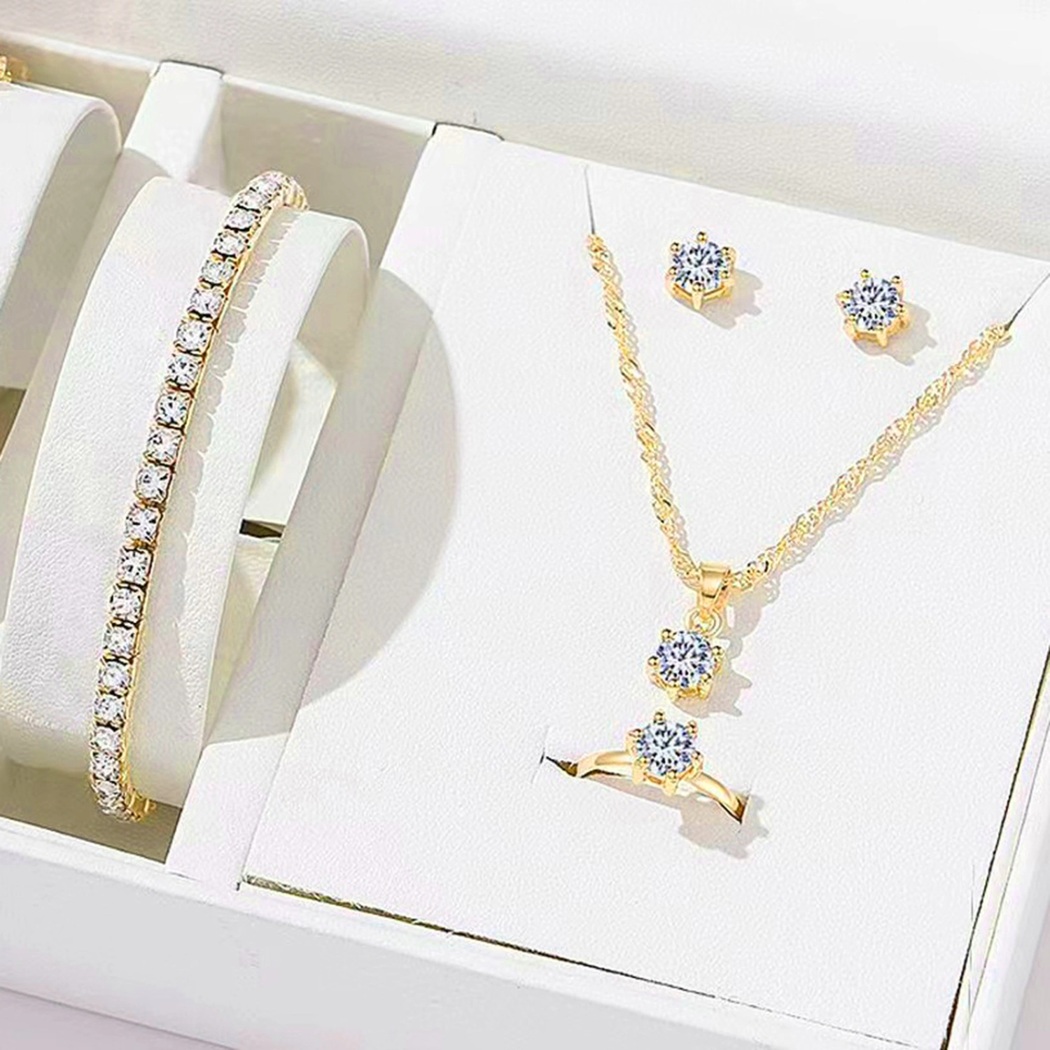 1 Set Women Jewelry Set Earrings Bracelet Necklace Ring Rhinestone Adjustable Ring Stainless Colorfast Lightweight Lady Birthday Gift Mother Present 