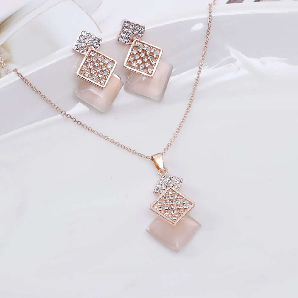 2Pcs/Set Women Hollow Geometric Square Pendant Necklace Shining Rhinestones Faux Opal Inlaid Adjustable Necklace Drop Earrings Set