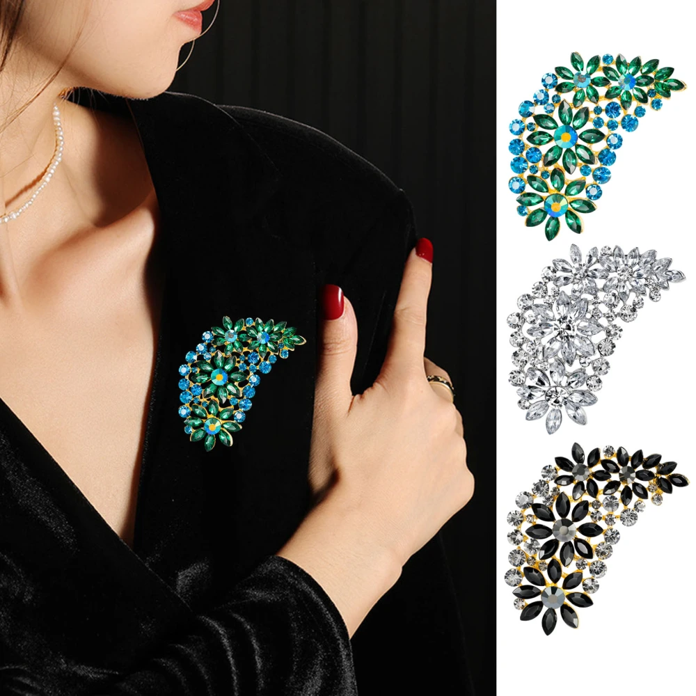 Rhinestone Feather Brooch Faux Crystal Flower Elegant Clothing Accessories Sweater Cardigan Coat Business Suit Lapel Pin Fashion Jewelry Gift