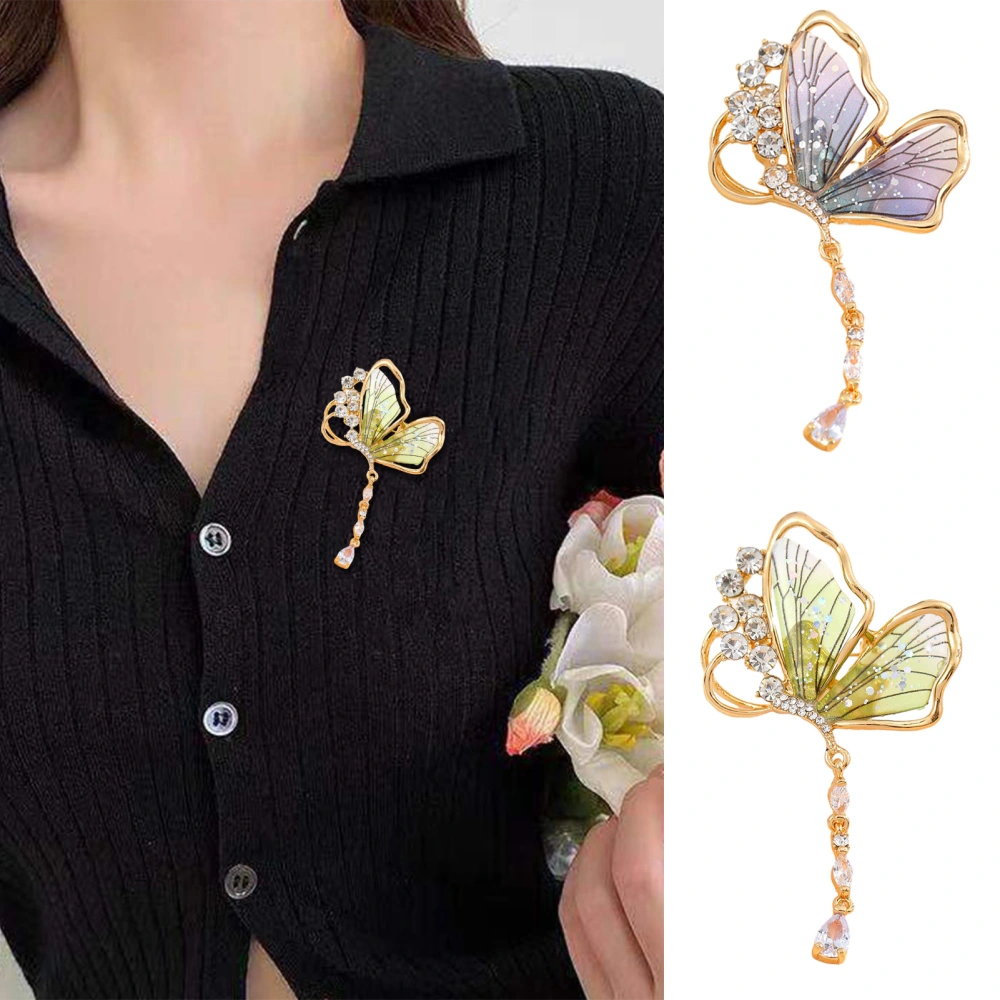 Rhinestone Butterflies Brooch with Long Tassel Golden Elegant Clothing Accessories Women Bag Scarf Business Suit Lapel Pin Fashion Jewelry Gift