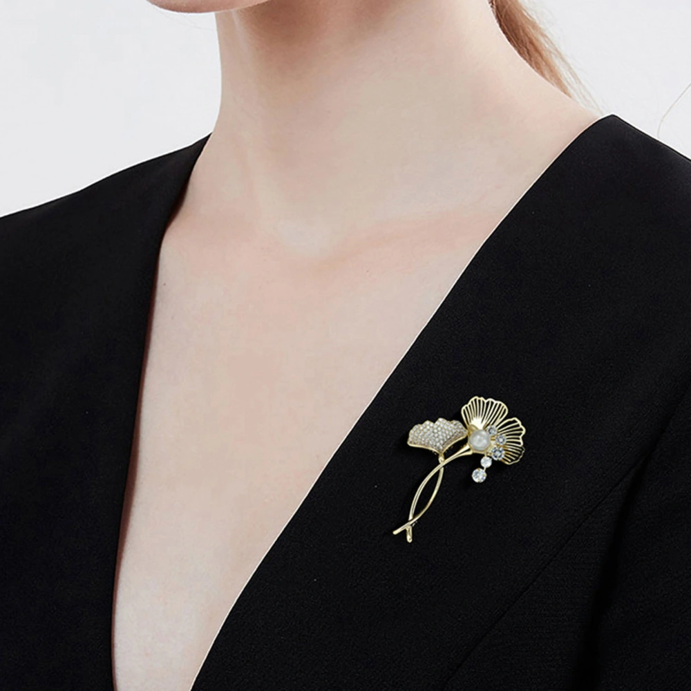 Ginkgo Leaf Brooch with Shiny Rhinestone Anti-oxidation Anti-rust Female Delicate Corsage Collar Brooch