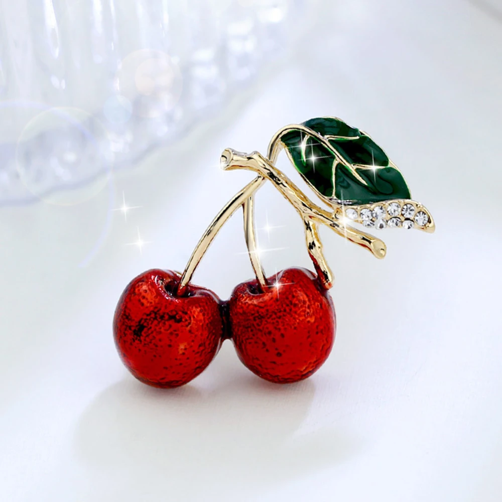 Cute Cherry Rhinestone Brooch Enamel Vivid Cherry Leaf Vibrant Color Pin Shawl Scarf Lapel Badge Fashion Dress Accessories 