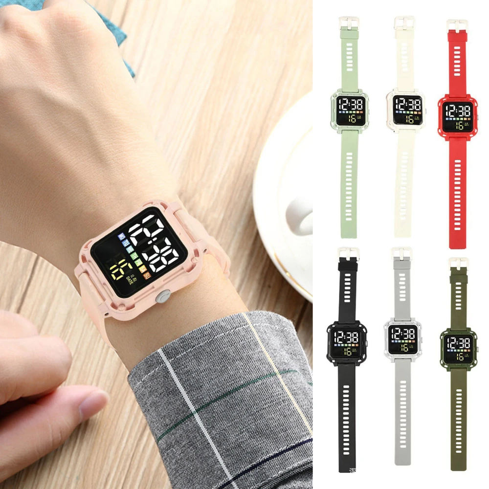 Fashion Watch LED Sports Watch Waterproof Silicone Strap Wristwatch with Bright Display Square Dial for Students 