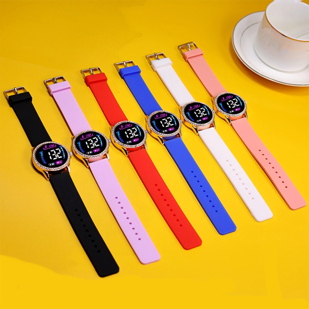 Unisex Couple Watch Digital Watch Button Type Soft Adjustable Silicone Wrist Strap Rhinestone Decor Legible LED Screen Accurate Time Adult Watch 