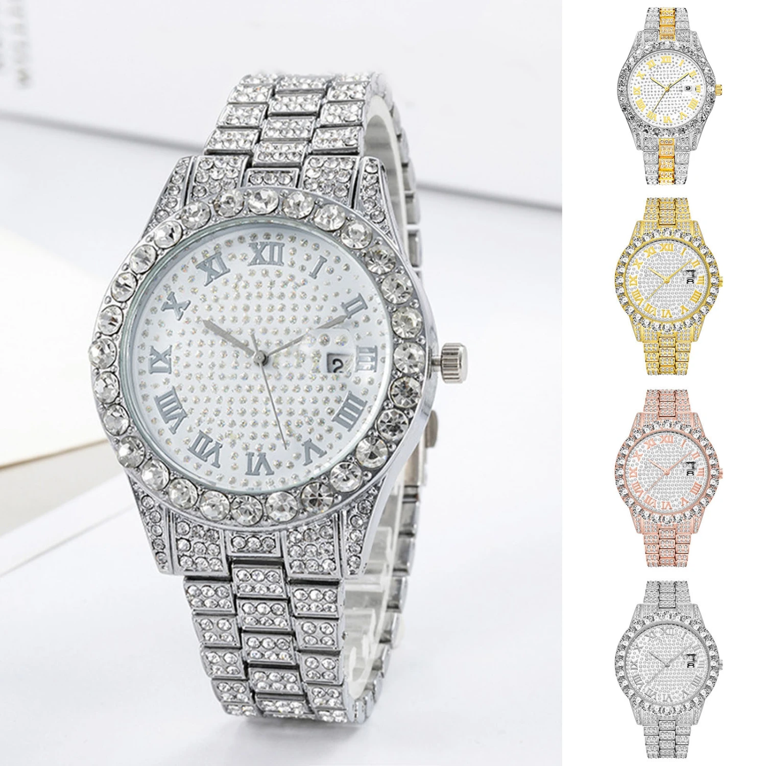 Women Watch Shiny Rhinestone Inlaid Stainless Round Dial Quartz Movement Color Matching Decorative Lady Wristwatch Jewelry 