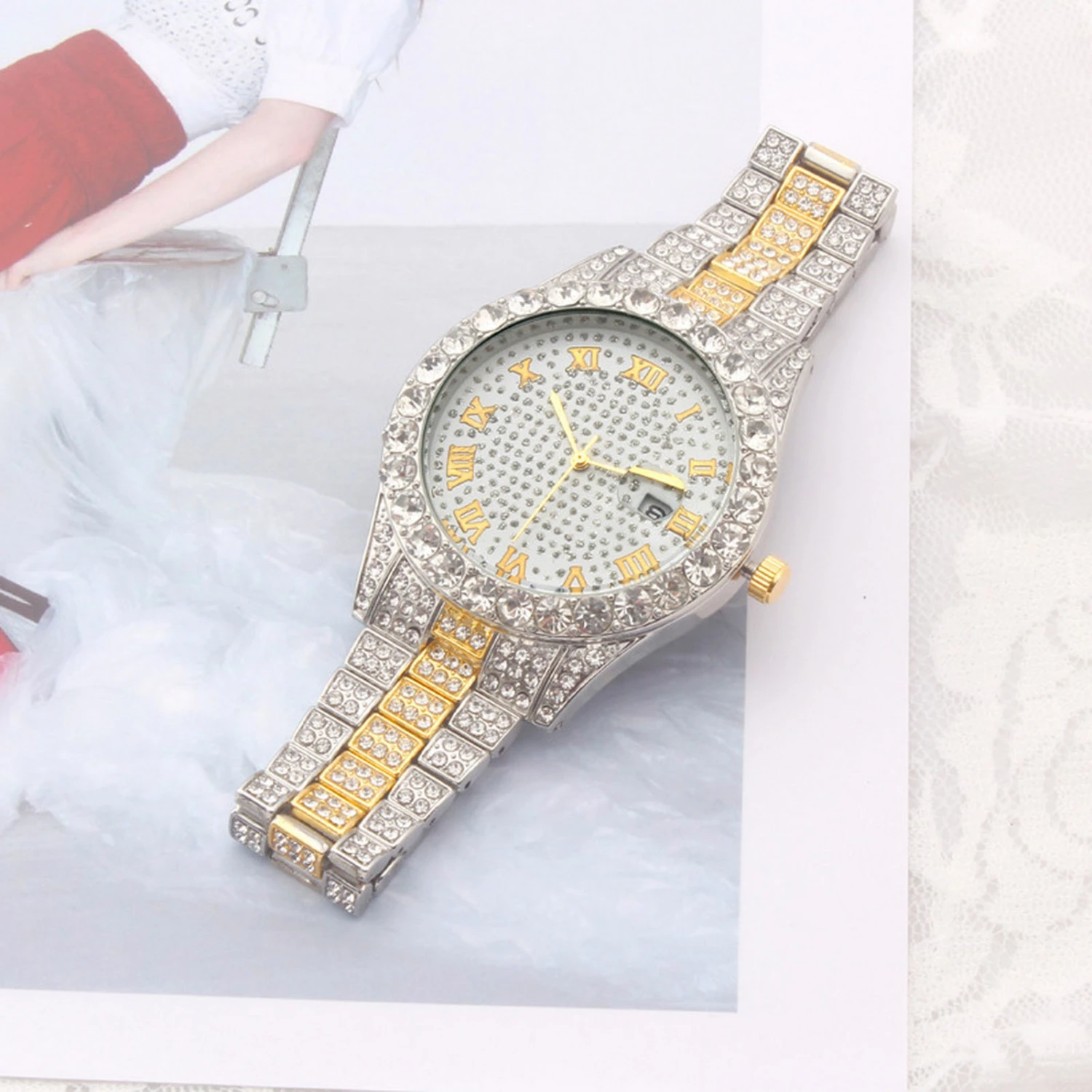 Women Watch Shiny Rhinestone Inlaid Stainless Round Dial Quartz Movement Color Matching Decorative Lady Wristwatch Jewelry 