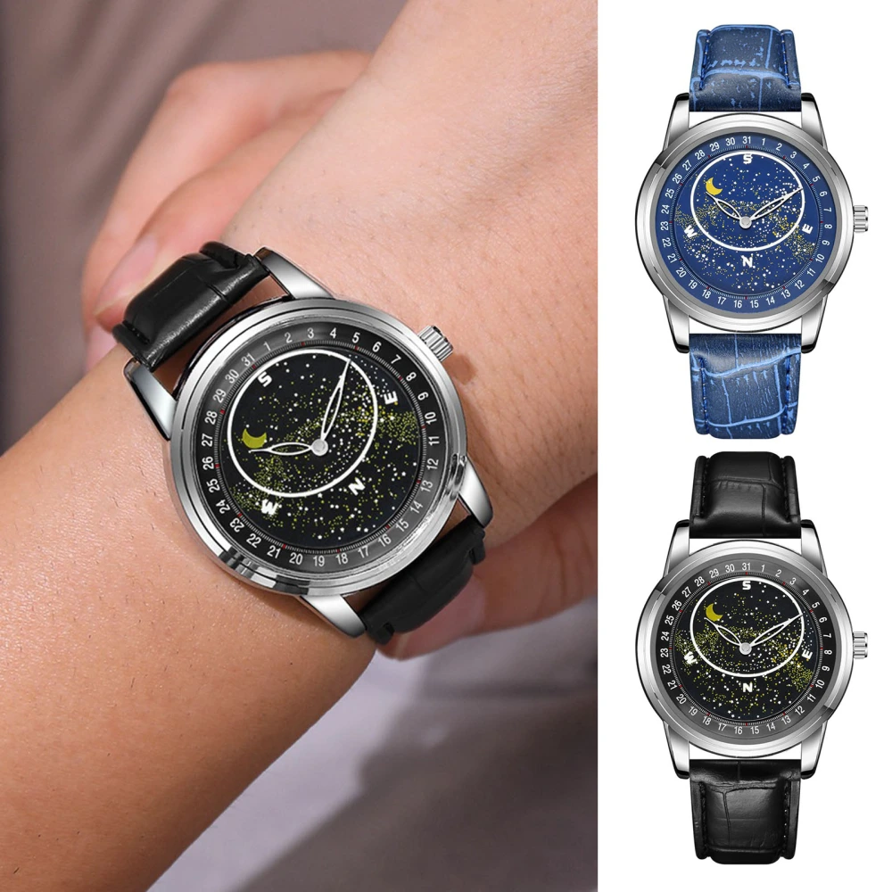 Student Watch Moon Star Print Round Battery Operated Faux Leather Strap Luminous 3-Hand Elegant Quartz Wrist Watch Fashion Jewelry Birthday Gift 