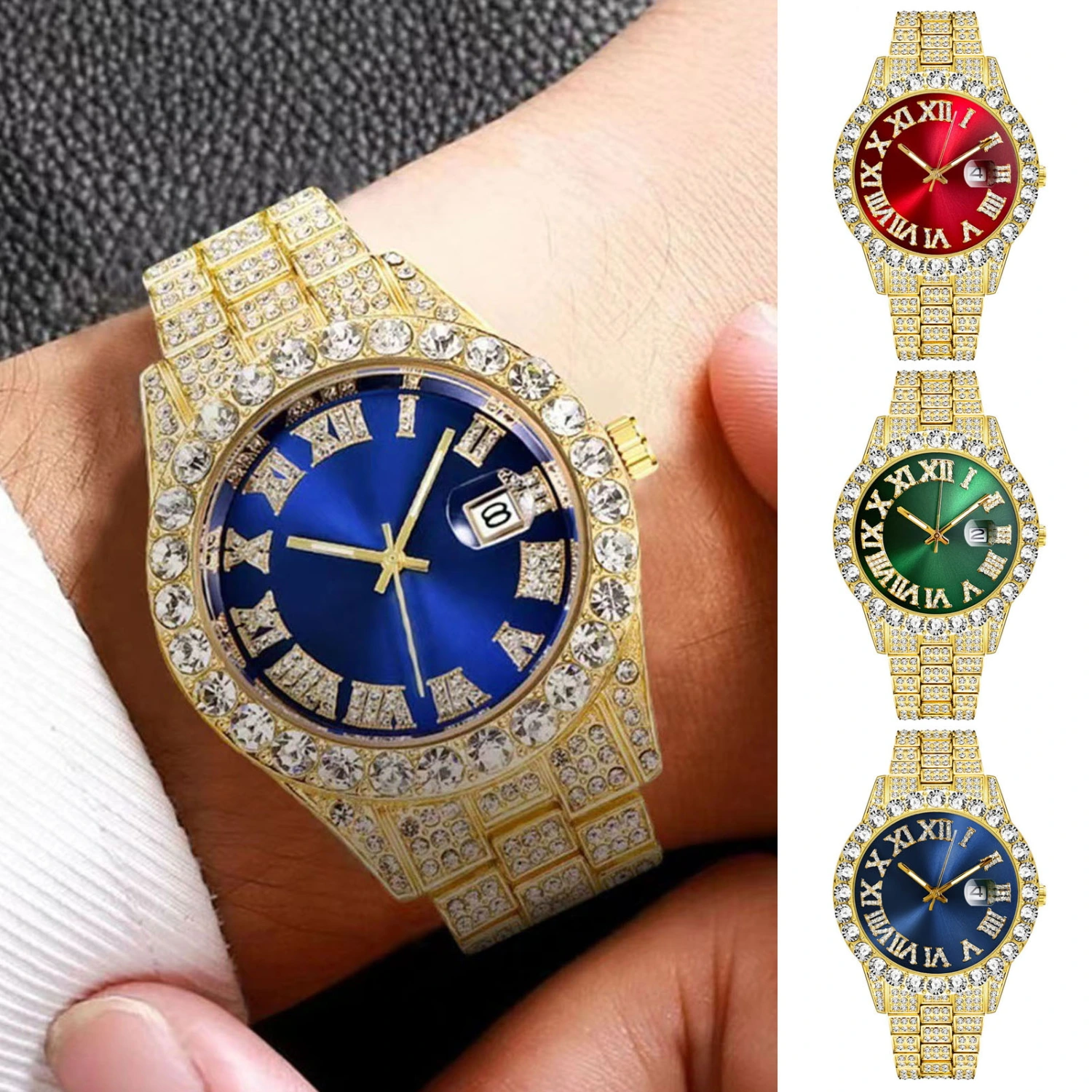 Men Watch Shiny Rhinestone Inlaid Hip Hop Stainless Round Dial Quartz Movement Luxury Color Matching Decorative Business Wristwatch Jewelry