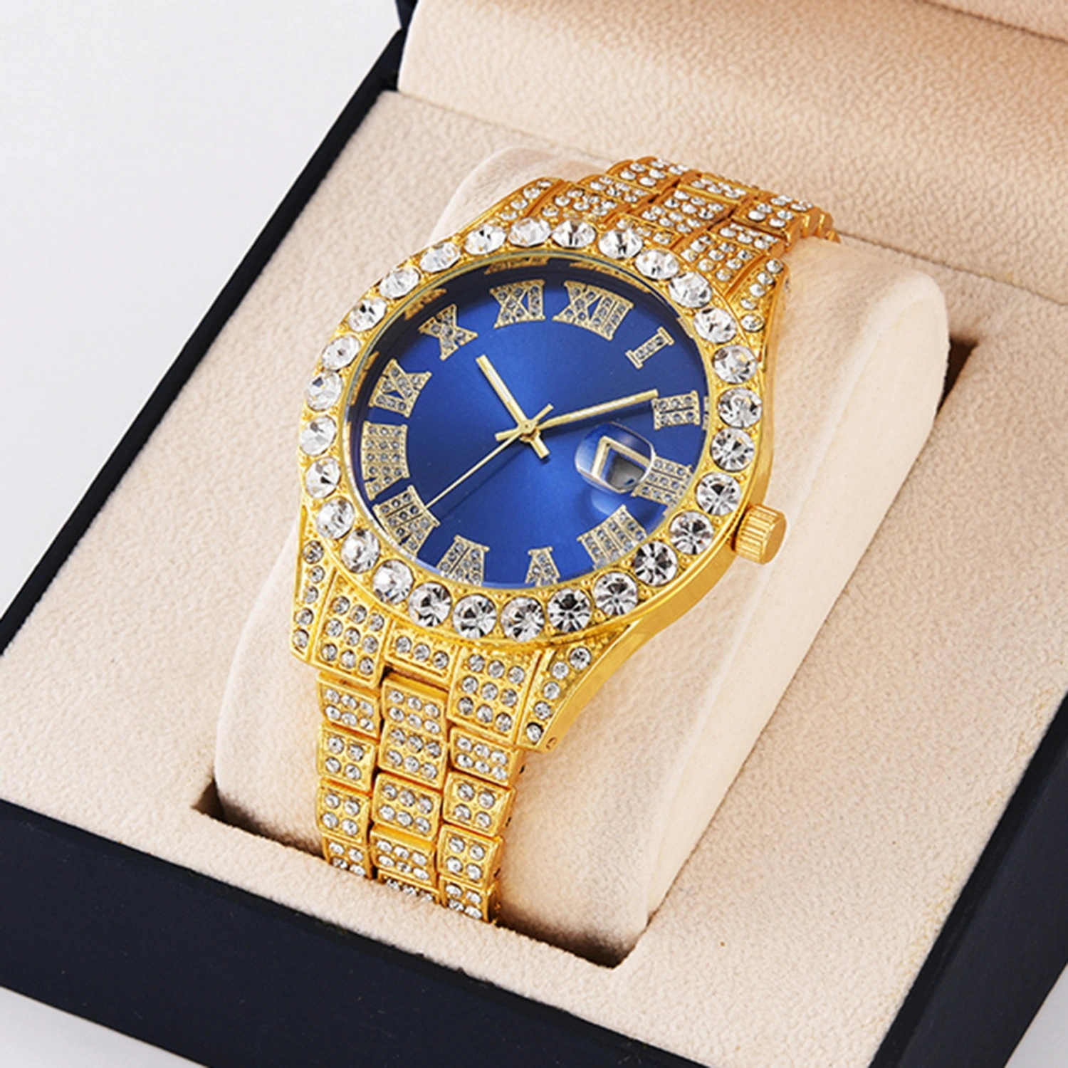 Men Watch Shiny Rhinestone Inlaid Hip Hop Stainless Round Dial Quartz Movement Luxury Color Matching Decorative Business Wristwatch Jewelry