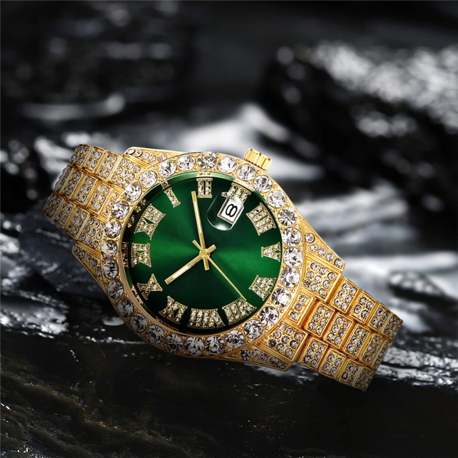Men Watch Shiny Rhinestone Inlaid Hip Hop Stainless Round Dial Quartz Movement Luxury Color Matching Decorative Business Wristwatch Jewelry