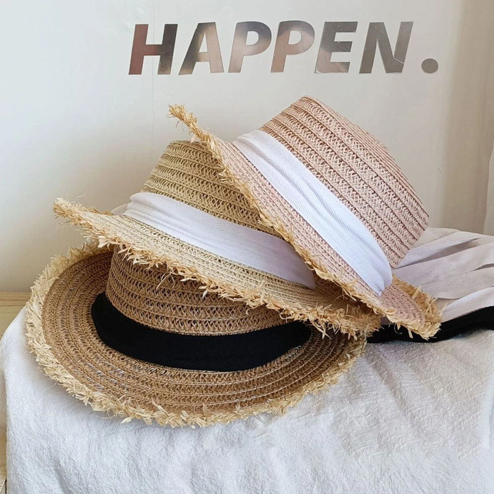 Women Sunhat Large Brim Sun Protection Windproof Decorative Contrast Color Anti-UV Manual Braided Ripped Edge Bow-knot Lady Straw Hat Women Headgear