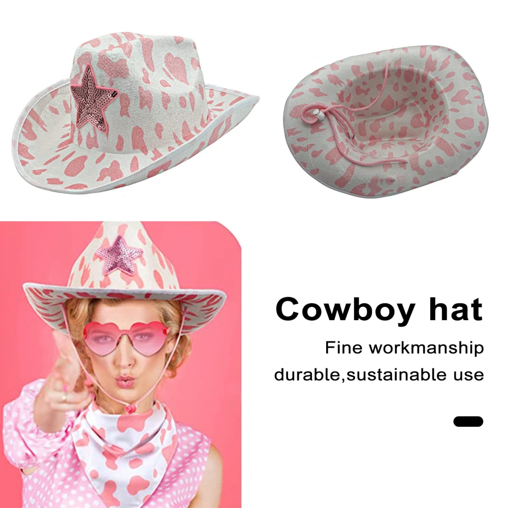 Women Hat Western Cowgirl Hat Sequin Star Contrast Color Windproof Fixed Strap Curled Brim Pink Sun Protection Anti-UV Lady Cosplay Performance Cap 