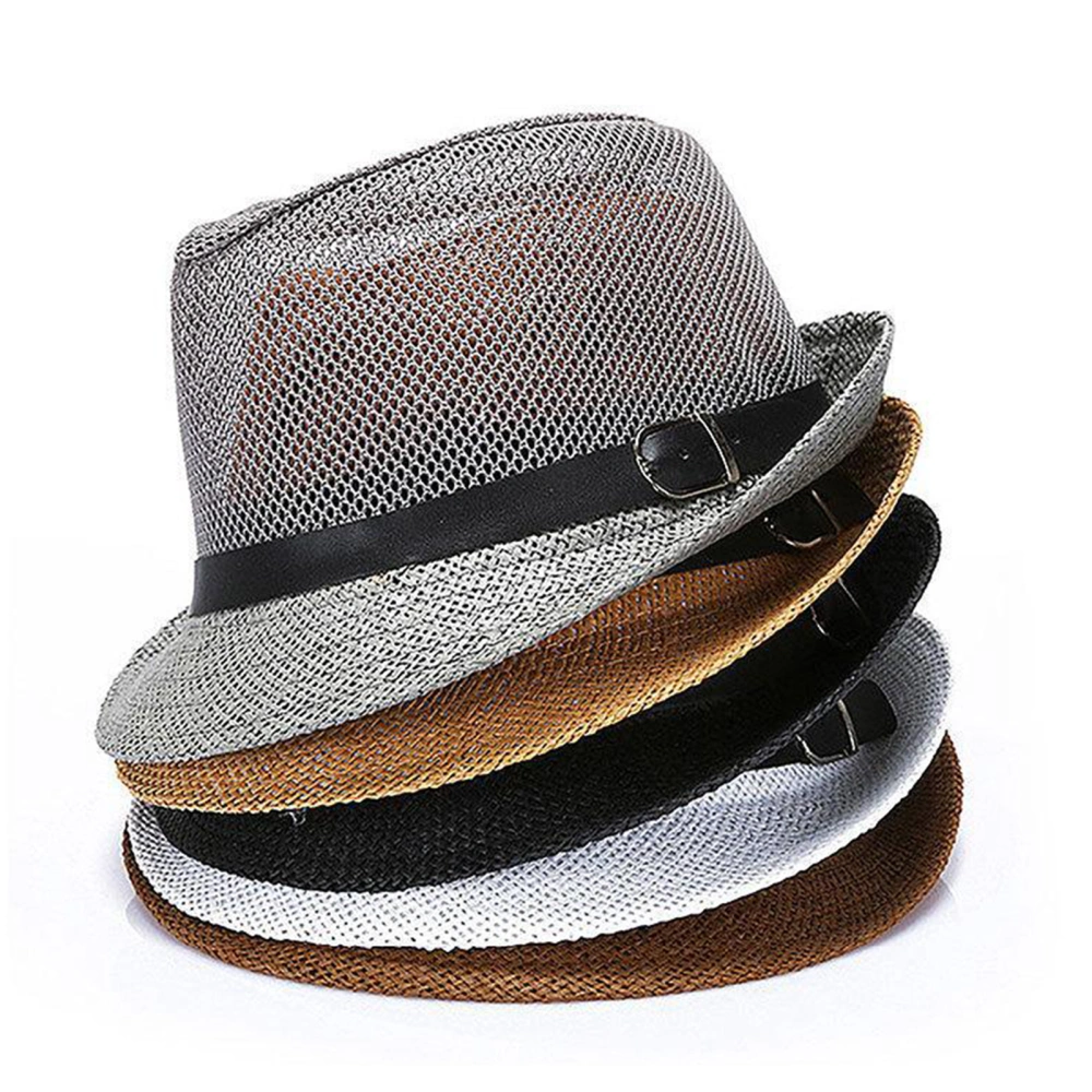 Unisex Hollow Mesh Jazz Hat Solid Color Belt Decor Breathable Sun Hat Flat Top Wide Brim Sunscreen Jazz Hat 