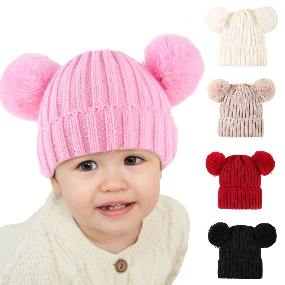 Winter Solid Color Baby Crochet Beanie Hat Double Fluffy Balls Decor Children Knitting Hat Elastic Headwear Fashion Accessories