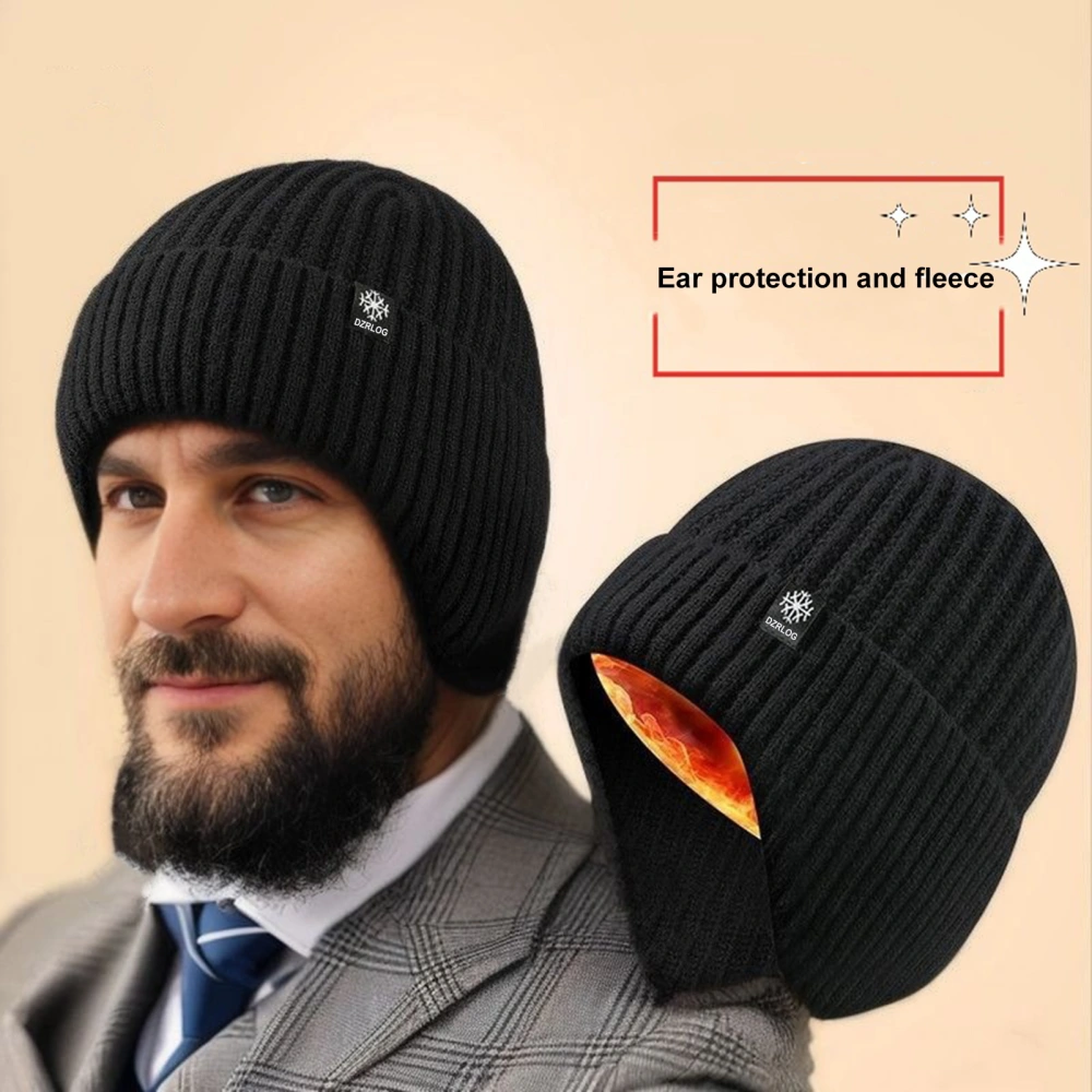 Men Winter Beanie Thickened Soft Plush Ear Protection Knitted Solid Color Elastic Regular Fit Outdoor Camping Cycling Hat Cap 